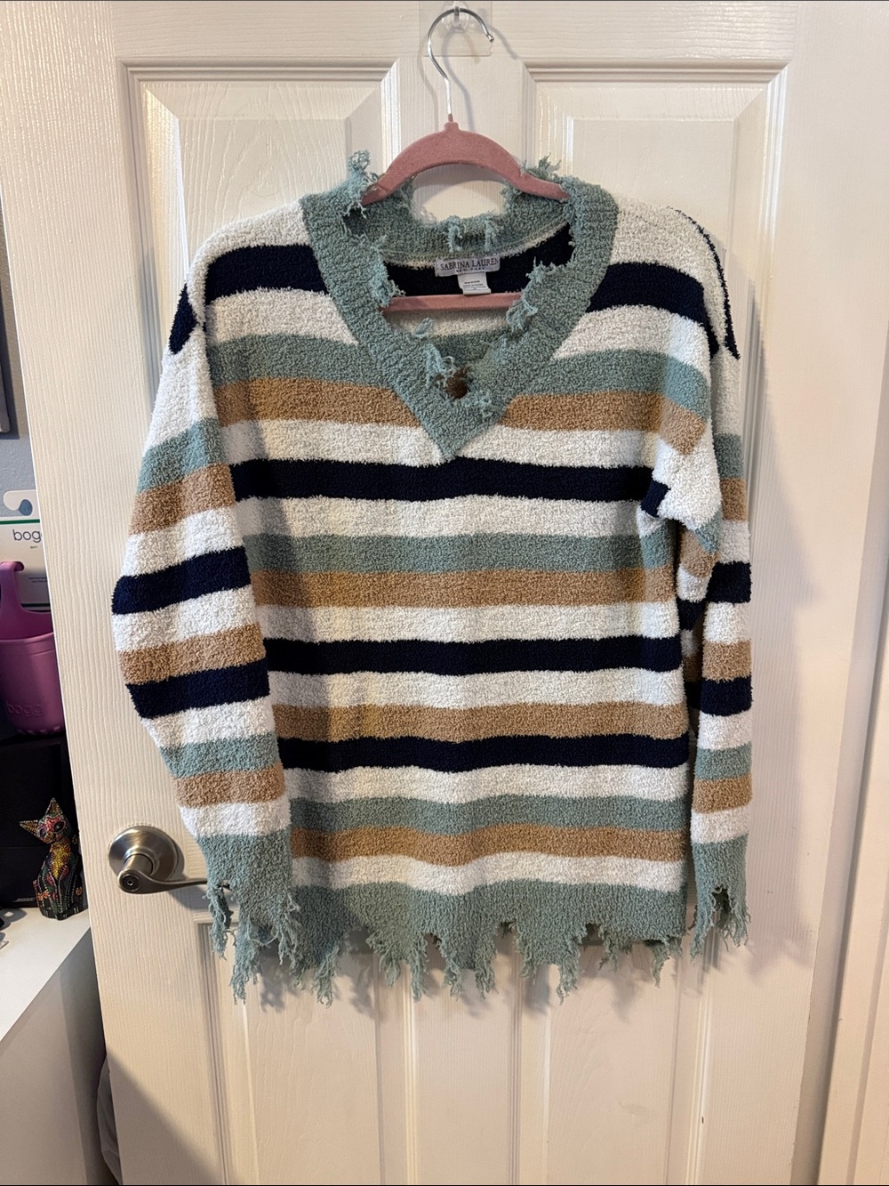 Striped Frayed V-Neck Sweater in Sage, Navy & Cream